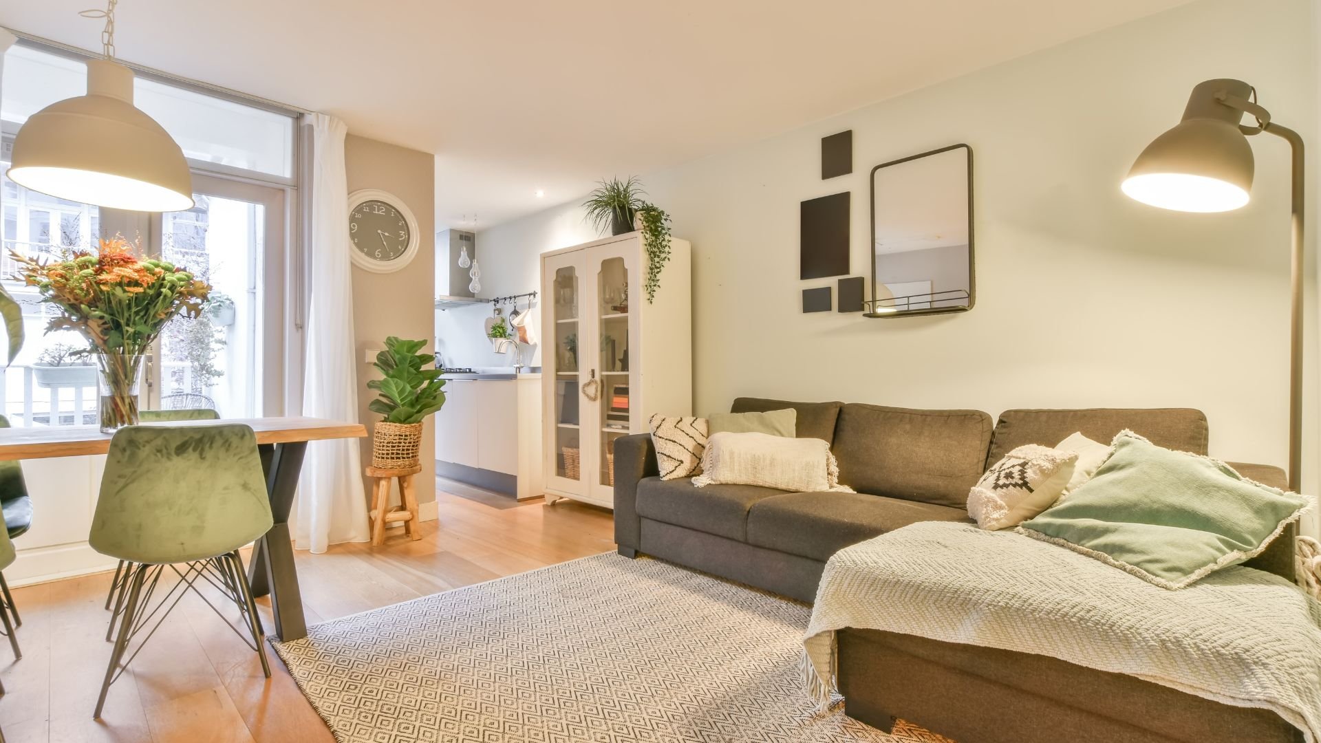 Cozy living room with gray sofa, plants, and natural light from window